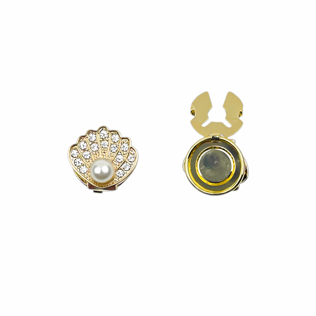 Knappeskjuler Pearl Shell i guld med perler – elegant muslingeformet button cover