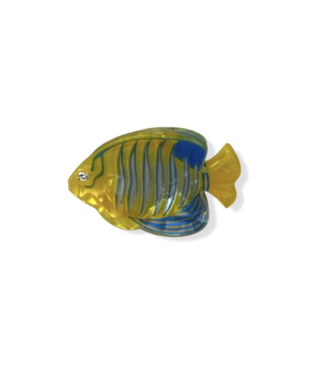 Mini hårklemme formet som en kirurgfisk i blå og gule nuancer. Et farverigt og sommerligt håraccessory med tropisk udtryk.