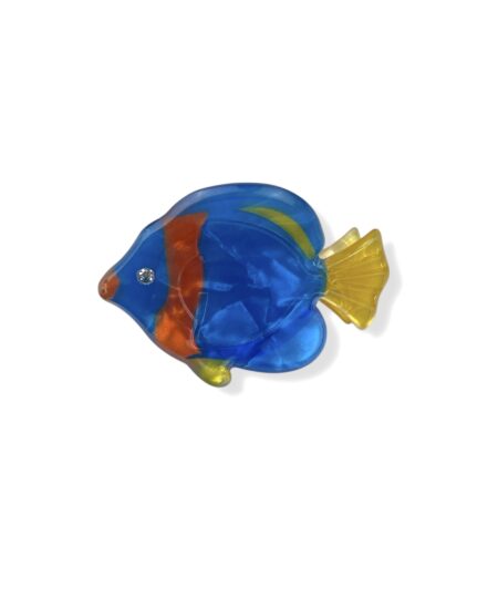 Mini hårklemme formet som en papegøjefisk i blå, gul og røde nuancer. Et farverigt og sommerligt håraccessory til hverdag og ferie.